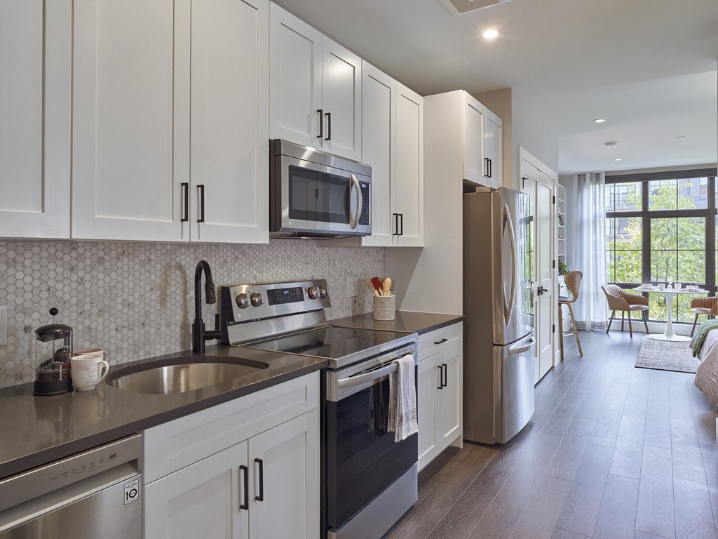 large studio, washer dryer in home,