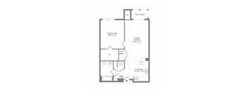 A floor plan of a small apartment with a bedroom, living room, kitchen, and bathroom.