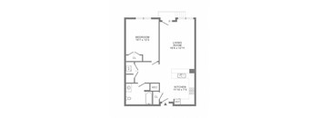 A floor plan of a small apartment with a bedroom, living room, kitchen, and bathroom.