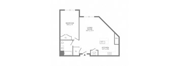 A floor plan of a home with a bedroom, living room, kitchen, and two closets.