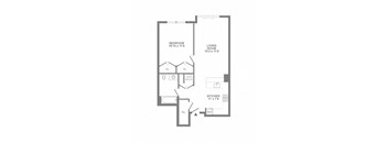 A floor plan of a small apartment with a bedroom, living room, and kitchen.