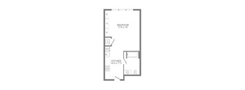 A floor plan of a bedroom and kitchen.