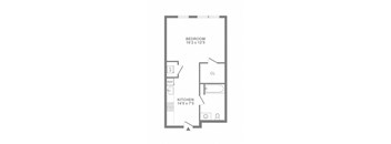 A floor plan of a bedroom, kitchen, and closet.