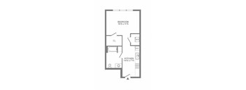 A floor plan of a bedroom, kitchen, and living room.