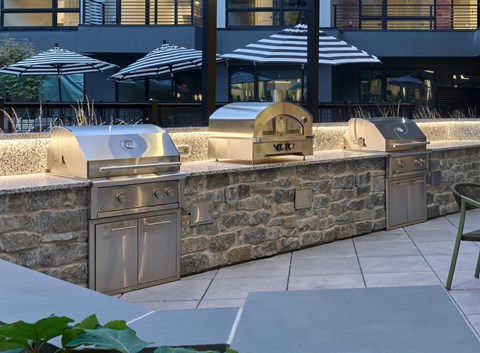 Pizza oven and bbq grills in a private pool courtyard