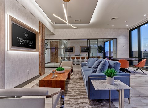 Resident lounge on top floor with panoramic views, Vermella Broad Street luxury amenities in Newark NJ