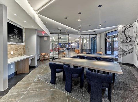 private meeting room, lounge seating, clubroom, resident lounge, media wall, game tables