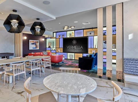 Amenities resident lounge, clubroom, amenities, media wall, bar area, table and lounge seating, fireplace, game tables