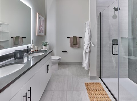 primary master suite, dual sink, backlit vanity, glass shower door, tiled floors and shower, open layouts