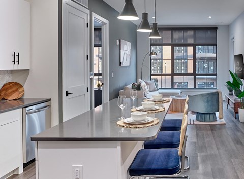 stone countertops, stainless steel appliances, large kitchen, open layout, hardwood flooring throughout