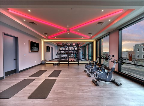 a workout room with yoga machines and a view of the city
