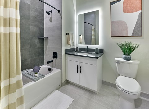 a bathroom with a sink toilet and a tub