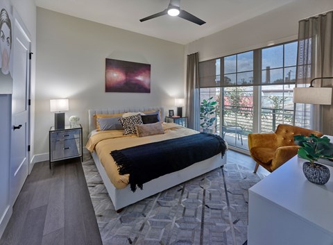 master bedroom, balcony, large windows, master suite