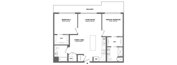 A floor plan of a house with a balcony, three bedrooms, a living room, a dining area, and a kitchen.