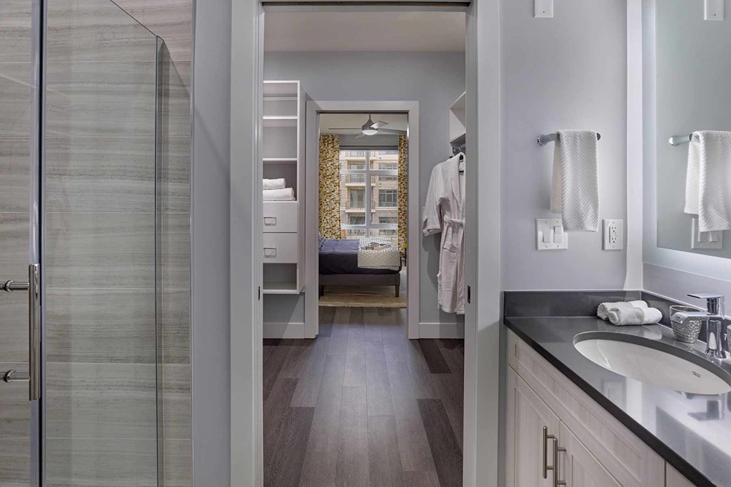 A bathroom with a walk-in shower and a vanity with a mirror.