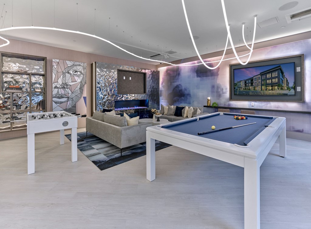 resident clubroom, pool tables, tv, bar area