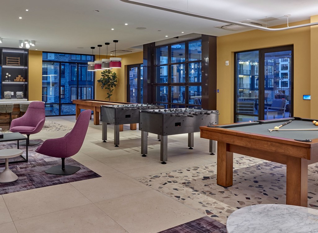resident clubhouse, board games, pool table, shuffleboard, foosball