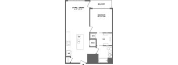 A floor plan of a small apartment with a living room, dining room, bedroom, and bathroom.