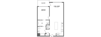 A floor plan of a house with a balcony, living/dining area, and bedroom.