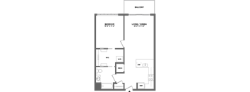 A floor plan of an apartment with a balcony, bedroom, living/dining area, and a kitchen.