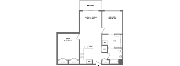 A floor plan of a house with a balcony, living/dining area, bedroom, den, home office, workout space, and a garage.