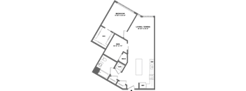 A floor plan of a house with a bedroom, living/dining area, den, and a workshop.