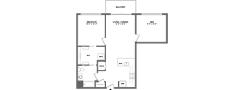 A floor plan of a house with a balcony, bedroom, living/dining area, den, and bathrooms.