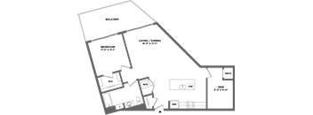 A diagram of a house layout with labeled rooms such as Bedroom, Living/Dining, and Balcony.