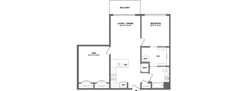 A floor plan of a house with a balcony, living/dining area, bedroom, den, and bathroom.