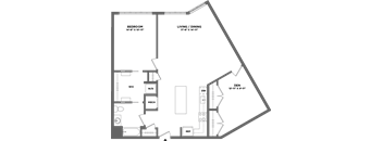 A floor plan of a house with a bedroom, living/dining area, and a den.