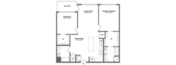 A floor plan of a house with a balcony, two bedrooms, a living room, a dining area, and a kitchen.