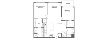 A floor plan of a house with a primary bedroom, living room, dining area, and two bathrooms.