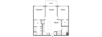 A floor plan of a balcony with three bedrooms and a living room.