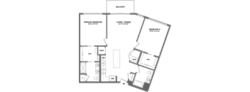 A floor plan of a house with a primary bedroom, a living/dining area, and a second bedroom.