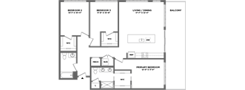 A floor plan of a home with three bedrooms, a living/dining area, and a balcony.