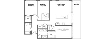 A floor plan of a house with three bedrooms, a living/dining area, and a balcony.