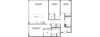 A floor plan of a home with a living/dining area, three bedrooms, and a primary bedroom.