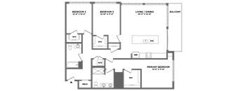 A floor plan of a house with three bedrooms, a living/dining area, and a balcony.
