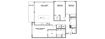 A floor plan of a house with a living room, dining room, and three bedrooms.