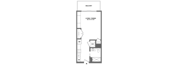 A floor plan of a balcony with a living and dining area.