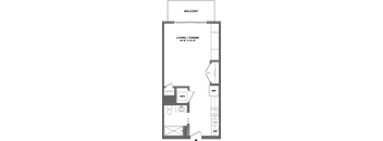 A floor plan of a living/dining area with a balcony.