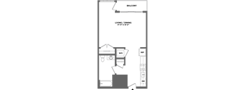 A floor plan of a balcony with living and dining areas.