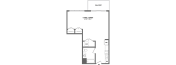 A floor plan of a balcony with living and dining areas.