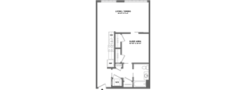 A floor plan of a living and dining area with a sleeping area.