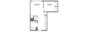 A floor plan of a small apartment with a living/dining area, a sleeping area, and a workspace.