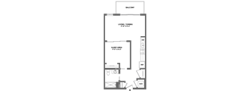A floor plan of a small apartment with a sleeping area, living/dining area, and a balcony.