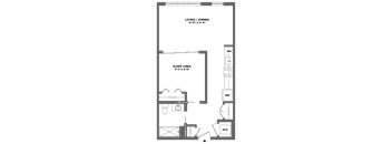 A floor plan of a small apartment with a sleeping area and a living/dining area.