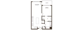 A floor plan of a house with a living room, dining room, bedroom, and balcony.