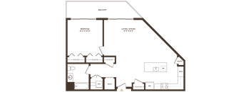 A floor plan of a house with a balcony, bedroom, living/dining area, pantry, and a kitchen with a dishwasher and refrigerator.