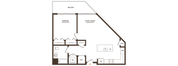 A floor plan of a house with a balcony, bedroom, living/dining area, and kitchen.
